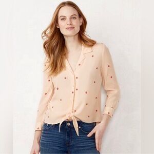 Lauren Conrad Pink Strawberry Long Sleeve Button Up Tie Front Crop Top 🍓